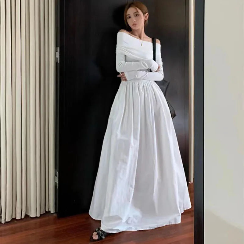 Black Elegant Slash Neck Long Dress Women Y2K Spring Korean Sexy Off Shoulder Long Sleeve Dress Fashion All Match Party Vestidos