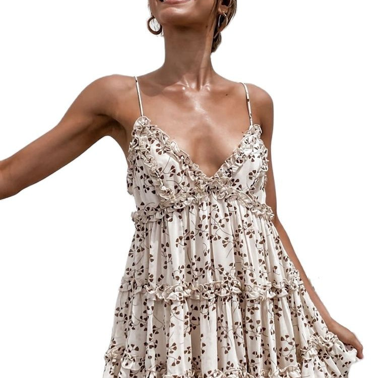 Xylocarp QL1301 2024 Spring And Summer New Small Fresh Sweet Digital Print Suspender Lace Dress