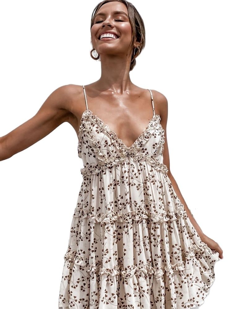 Xylocarp QL1301 2024 Spring And Summer New Small Fresh Sweet Digital Print Suspender Lace Dress