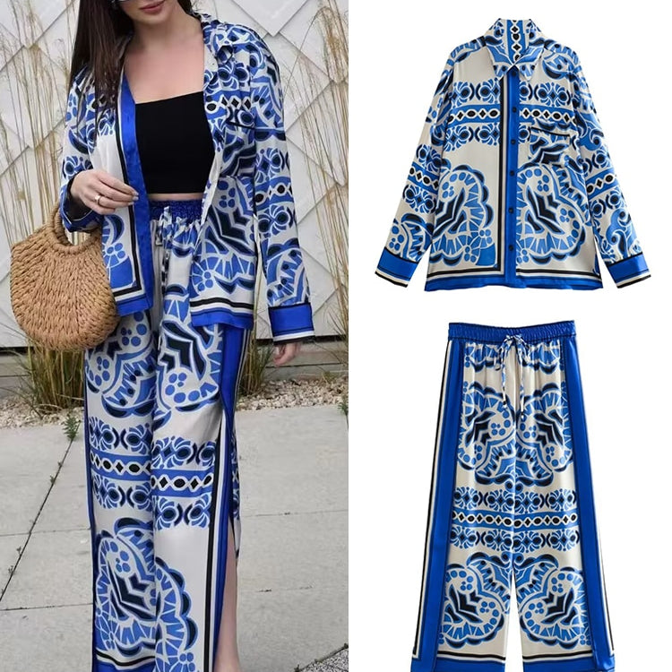 Woman Shirts Pants Sets 2024 New Summer Geometric Print Loose Long sleeved Shirts Fashion Elastic Waist Wide Leg Pants Outfits