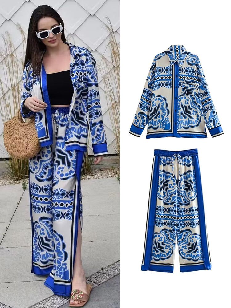 Woman Shirts Pants Sets 2024 New Summer Geometric Print Loose Long sleeved Shirts Fashion Elastic Waist Wide Leg Pants Outfits