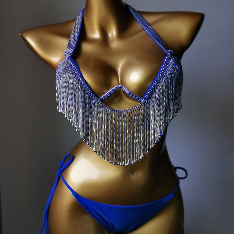 Sexy Push Up Gathered Bikini Luxury Crystal Diamond Women's Swimsuit High-End Rhinestone Tassel Triangle Swimwear