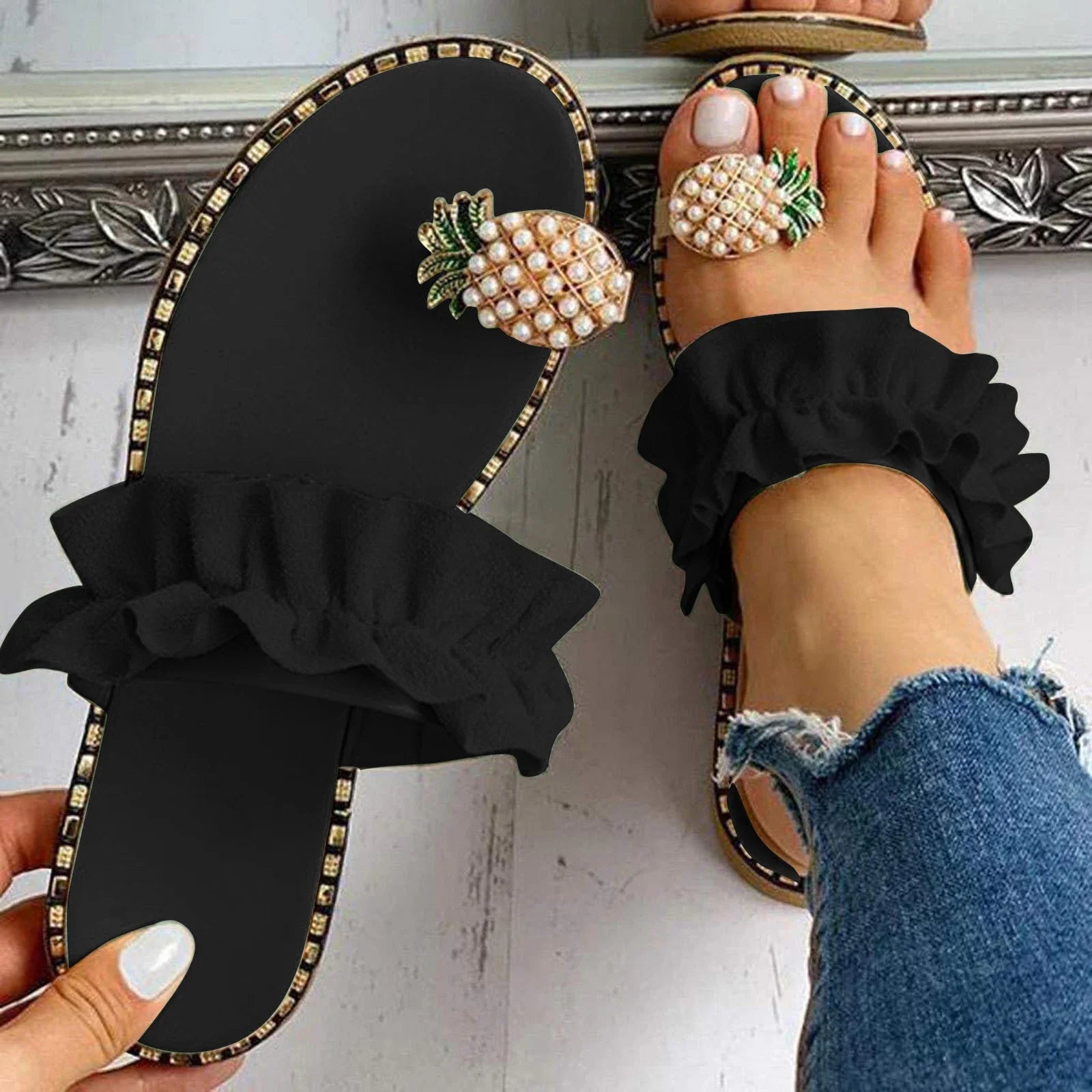 Women Slipper Pineapple Pearl Flat Toe Bohemian Summer Beach Sandals Ladies Shoes plus size Mujer Verano Dark Grey