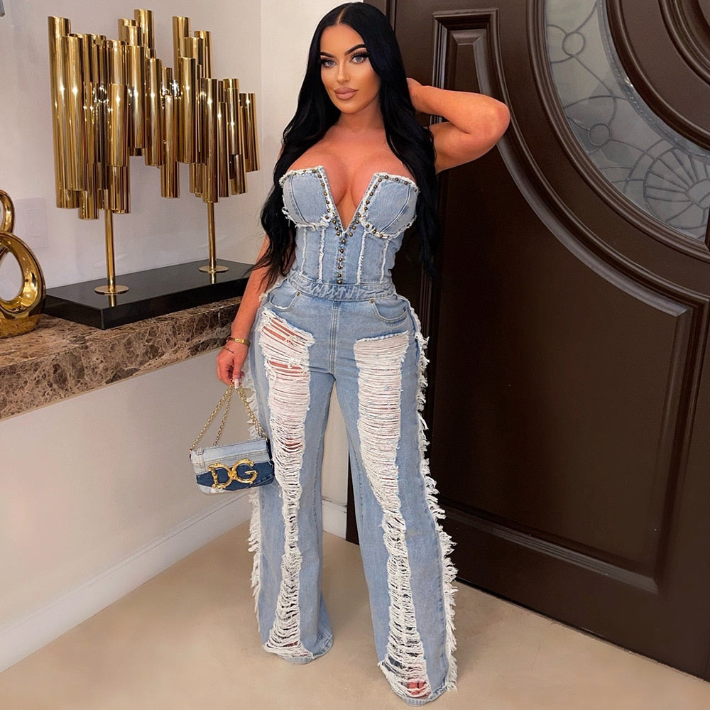 Vintage Hole Tassel Denim Jumpsuit Women 2024 New Fashion Sexy Off The Shoulder V Neck Rivet Club Party Romper Y2K One Pieces