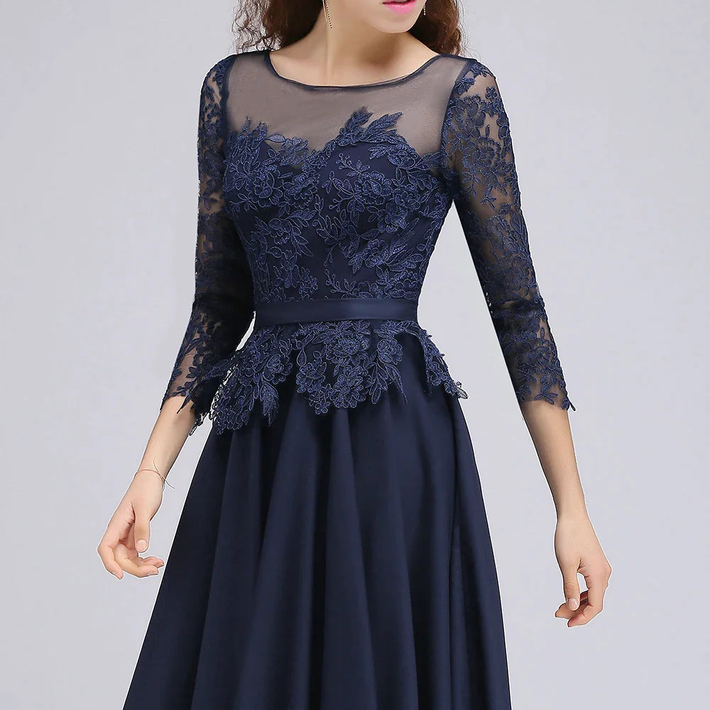 A-line Scoop Long Sleeves Lace Homecoming Dress Chiffon A Line Skirt Short Knee-Length Formal Party Gown Prom Navy Blue