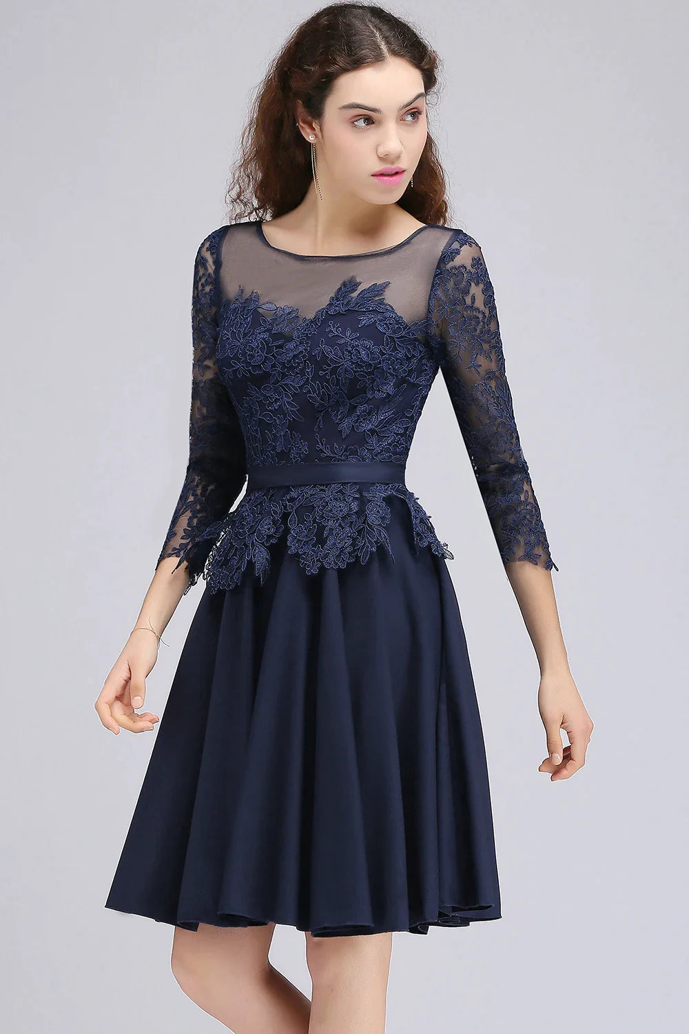 A-line Scoop Long Sleeves Lace Homecoming Dress Chiffon A Line Skirt Short Knee-Length Formal Party Gown Prom Navy Blue