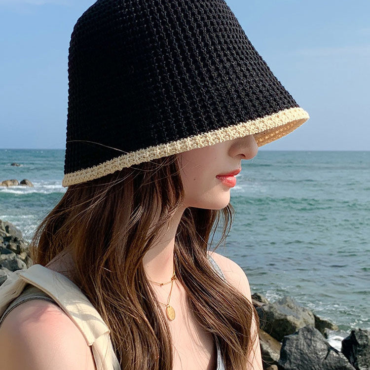 Summer Bicolor Knit Bucket Hat For Woman 2024 Trendy Black Bucket Hat Sun Caps Fashion Trend Charm Y2k Young Girl Kpop Gift Girl