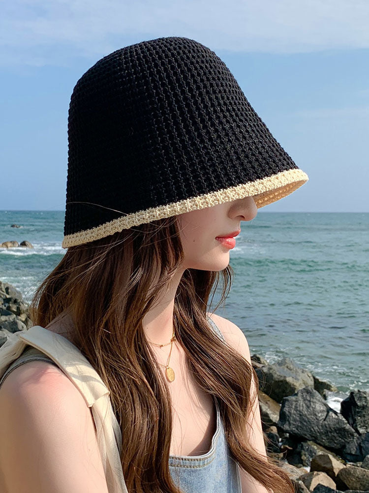 Summer Bicolor Knit Bucket Hat For Woman 2024 Trendy Black Bucket Hat Sun Caps Fashion Trend Charm Y2k Young Girl Kpop Gift Girl