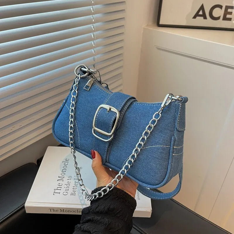 Fashionable Denim Personalized Design Exquisite Texture Shoulder Underarm Small Square Bag
