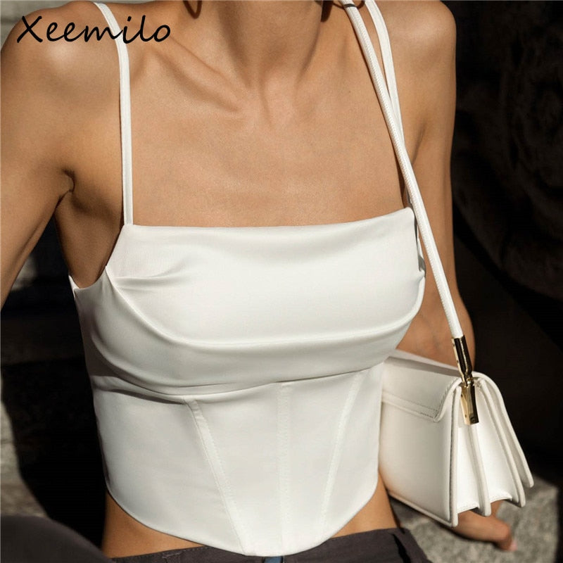 Xeemilo Spaghetti Strap Tank Top Sexy Backless Bandage Skinny Crop Tops 2024 Summer Elegant Lace Up Party Streetwear Women Camis