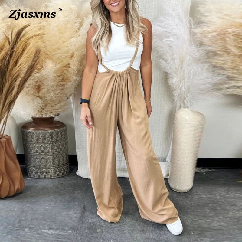 Retro Female Wide Leg Pants Pockets Overalls Fashion Summer Loose Streetwear Rompers 2024 Women Casual Sling All-Match Jumpsuits
