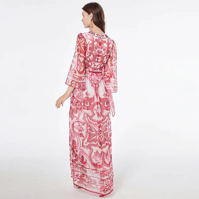 Fashion runway blue white porcelain floral maxi dress for women's summer autumn long sleeve flower printing dresses lady