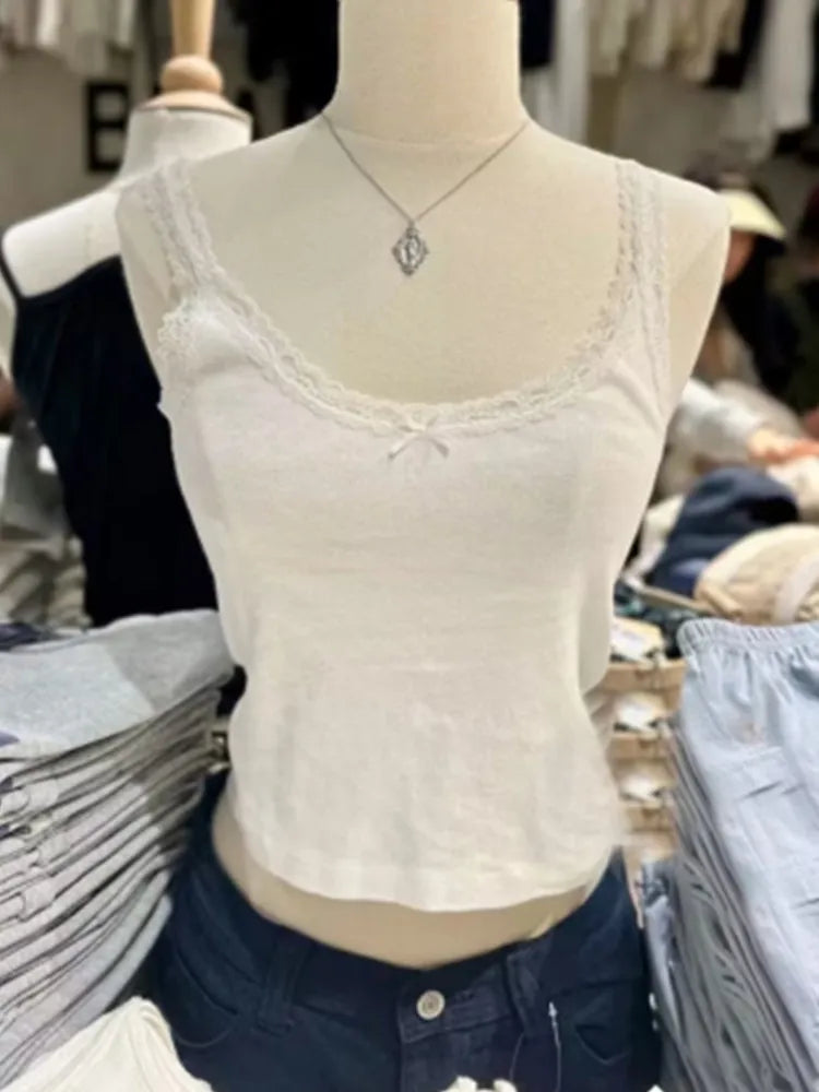 Casual Women Fashion Soft Cotton White Bow Ornament Tanks Summer Vintage O Neck Lace Edge Sleeveless Female Chic Tops