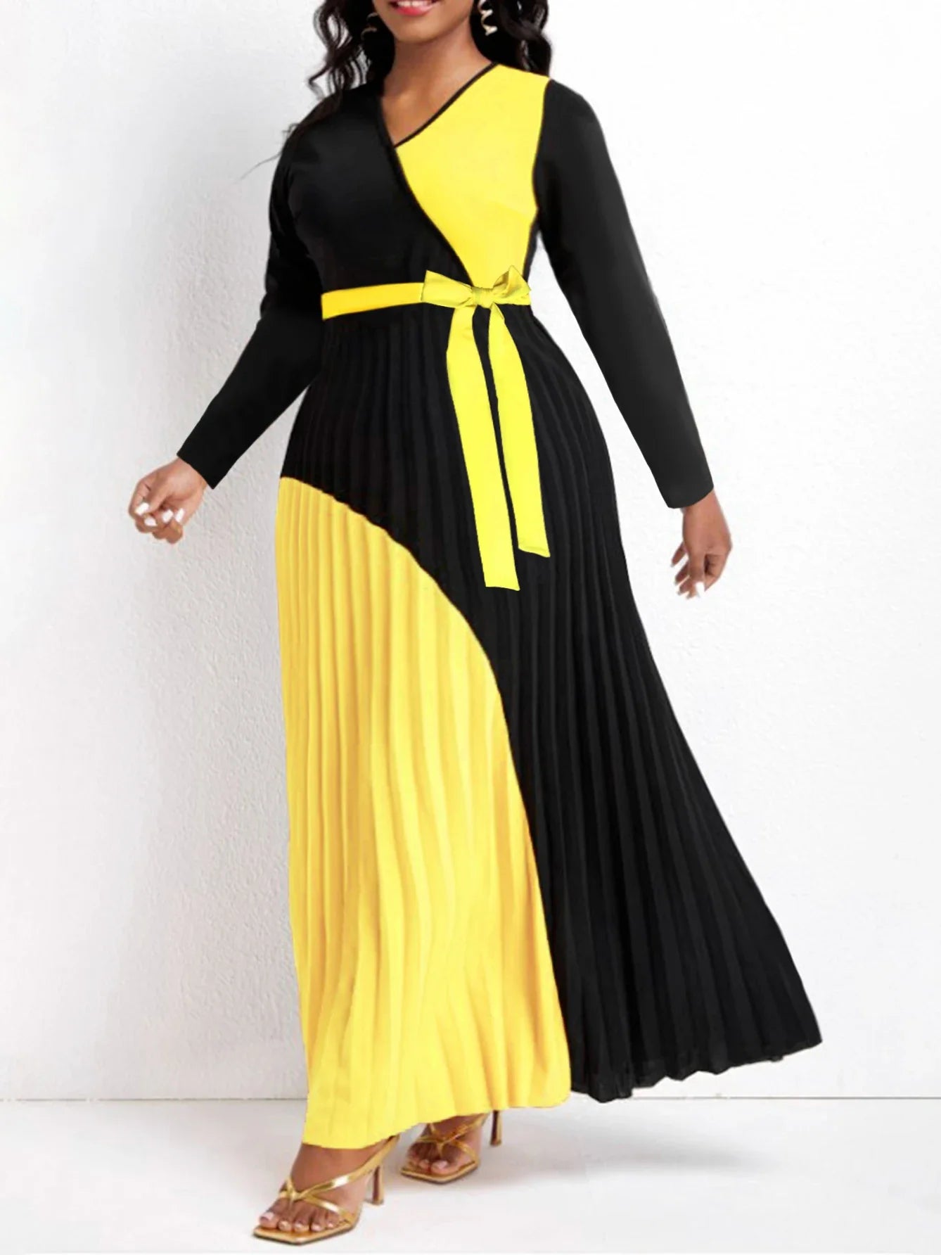 Elegant Fall Maxi Dresses Bandage Design Tiered Pleated A Line Dress Belted Long Sleeve V Neck Flowy Patchwork Vestidos Yellow