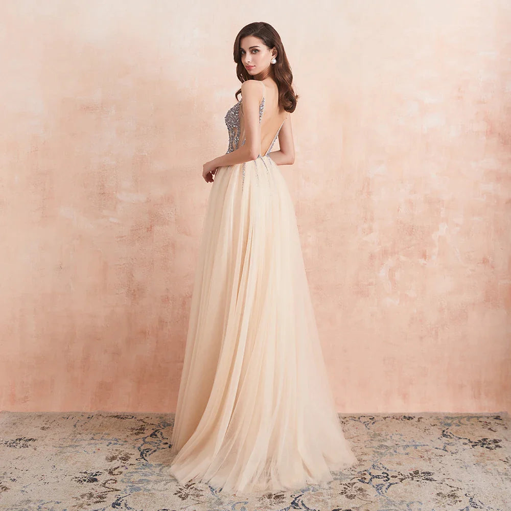 Sexy V Neck Evening Dresses for Women Champagne Crystal Beaded Beads Backless Formal Prom Gowns