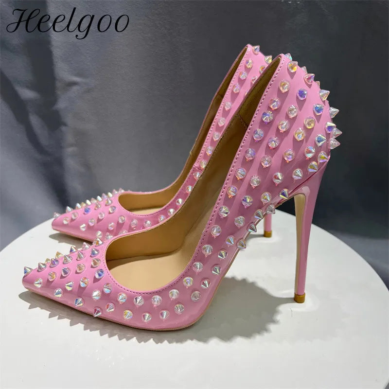 Shiny Spikes Women Patent Pink Pointy Toe Sexy High Heel Party Shoes Rivets Studs Ladies Slip On Stiletto Pumps 8-12cm