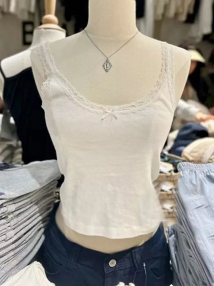 Casual Women Fashion Soft Cotton White Bow Ornament Tanks Summer Vintage O Neck Lace Edge Sleeveless Female Chic Tops white One Size