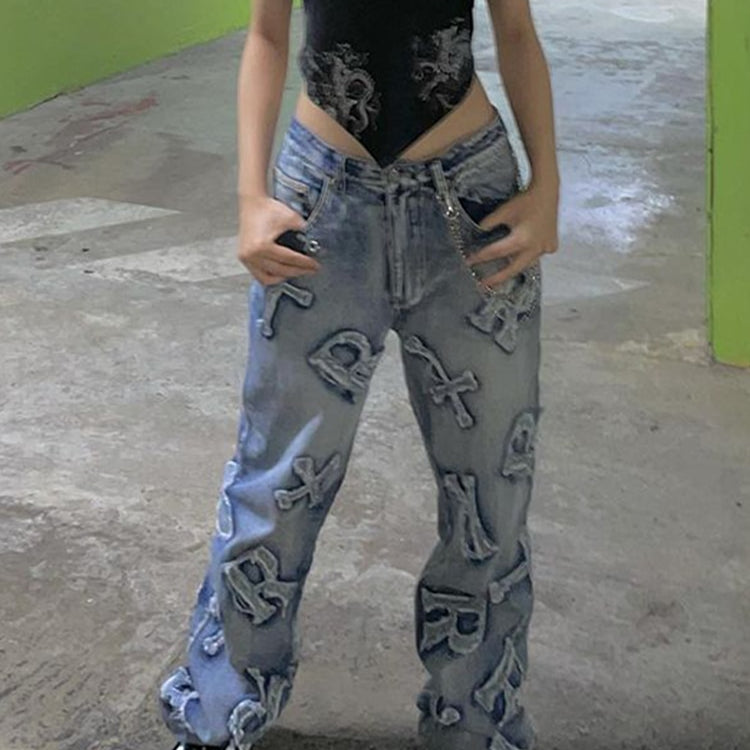 Rockmore Patchwork Women's Jeans Y2K Streetwear Baggy Straight Cargo Pants Punk High Waist Wide Leg Denim Trousers 90s Vintage