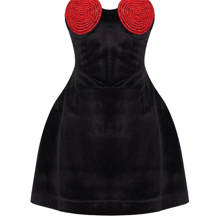 Sexy Strapless Heart Shape Crystal Design Mini Dress Women Black Velet Red Heart Diamond Design A-line Dress Evening Party Club Black