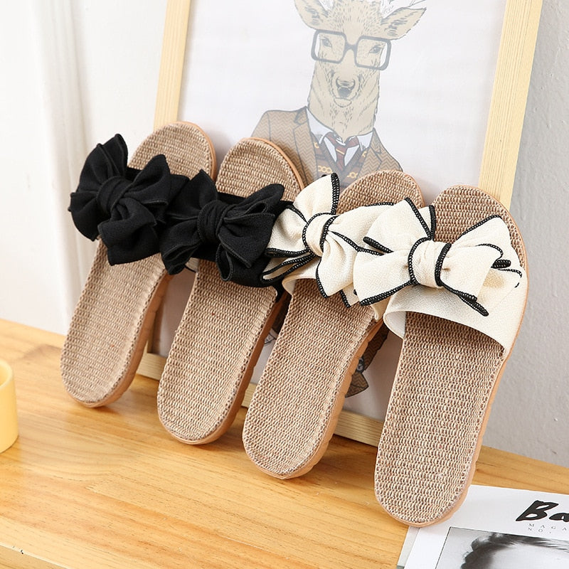 Women Summer Casual Slides Comfortable Flax Slippers Striped Bow Ya Ma Flip Flops Platform Sandals Ladies Indoor Scarpe