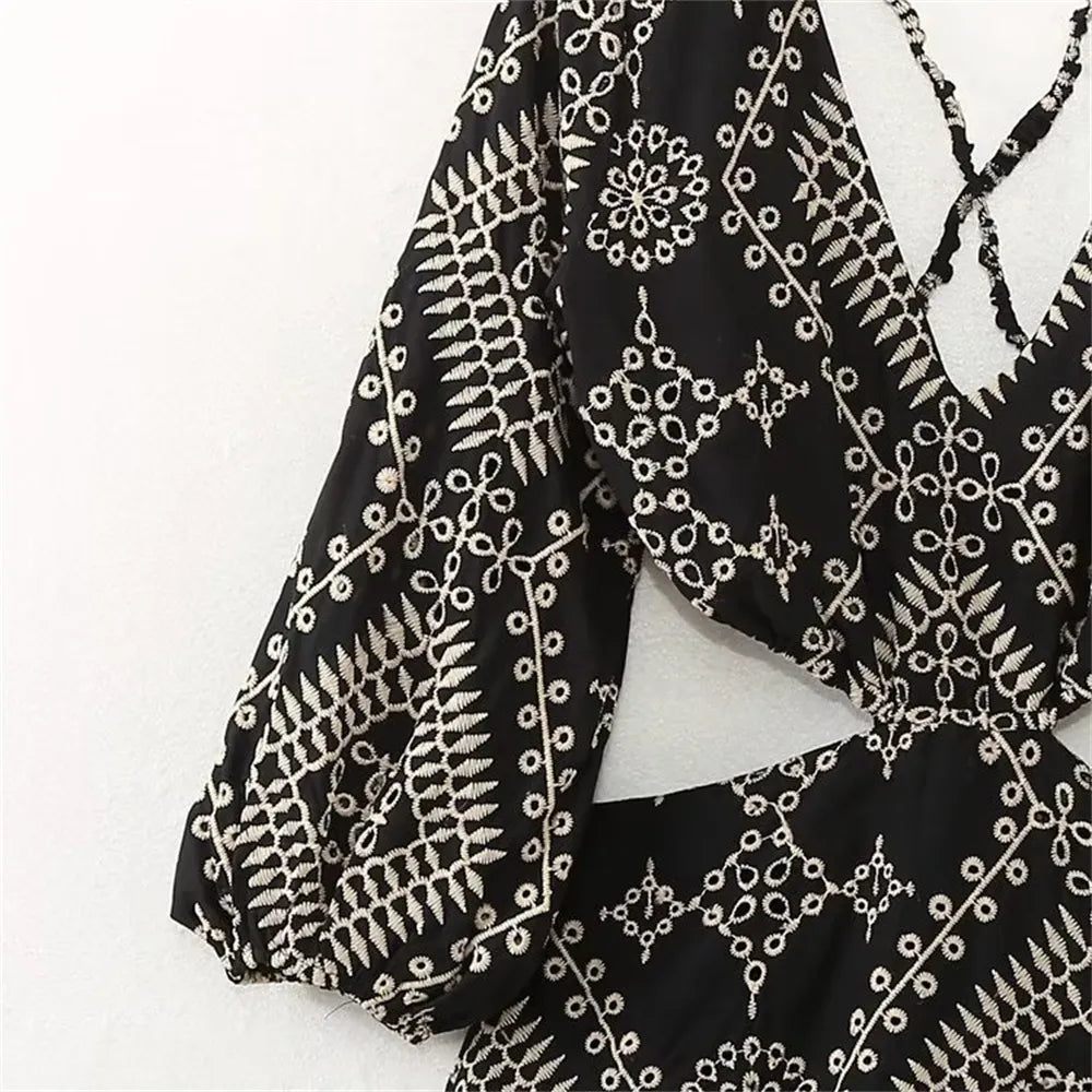 UNIZERA 2023 Summer New Women's V-neck Fluffy Sleeve Open Design Sexy Backless Long Dress Embroidered Midi Dress