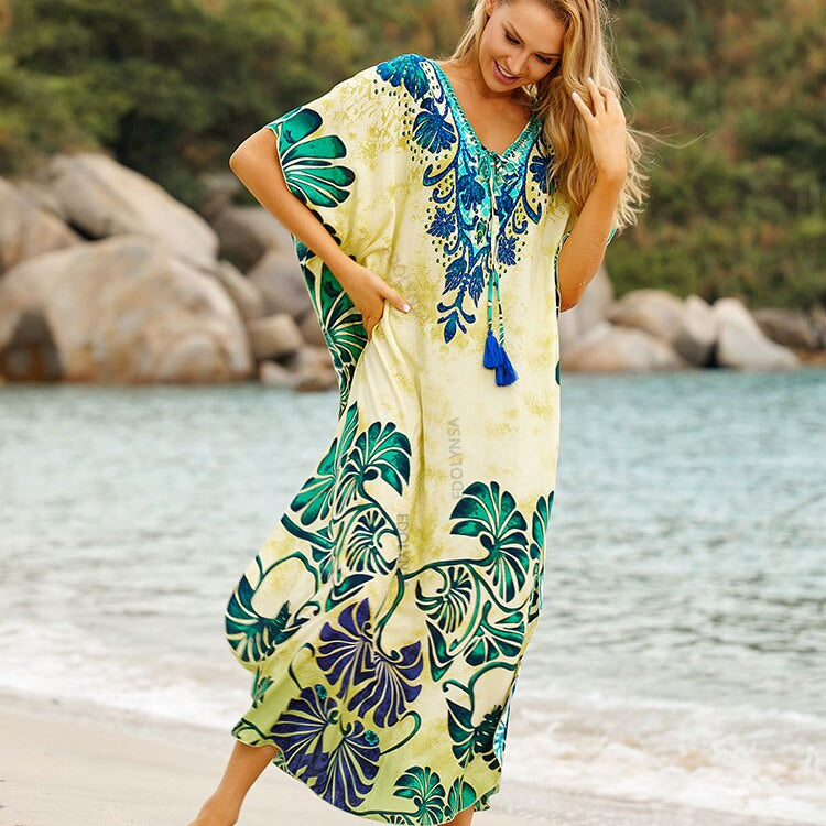 Plus Size Kaftan Beach Tunic Women Summer Beachwear Swimsuit Cover Up 845