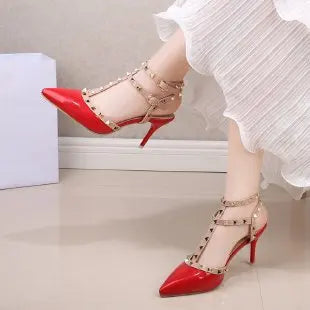 Summer High-heeled Women's Sandals Fashion Brand Design Pointed Rivet Red Casual Shoes Large Size 41-43 Red