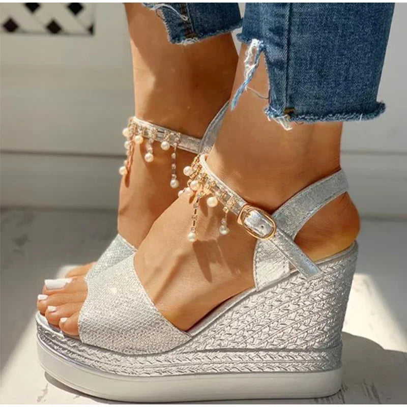 Women Wedge Sandals Summer Bead Studded Detail Platform Sandals Buckle Strap Peep Toe Thick Bottom Casual Shoes Ladies