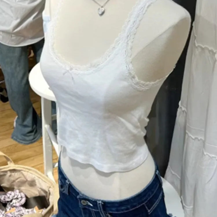 Casual Women Fashion Soft Cotton White Bow Ornament Tanks Summer Vintage O Neck Lace Edge Sleeveless Female Chic Tops