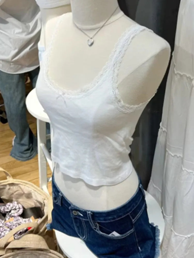 Casual Women Fashion Soft Cotton White Bow Ornament Tanks Summer Vintage O Neck Lace Edge Sleeveless Female Chic Tops