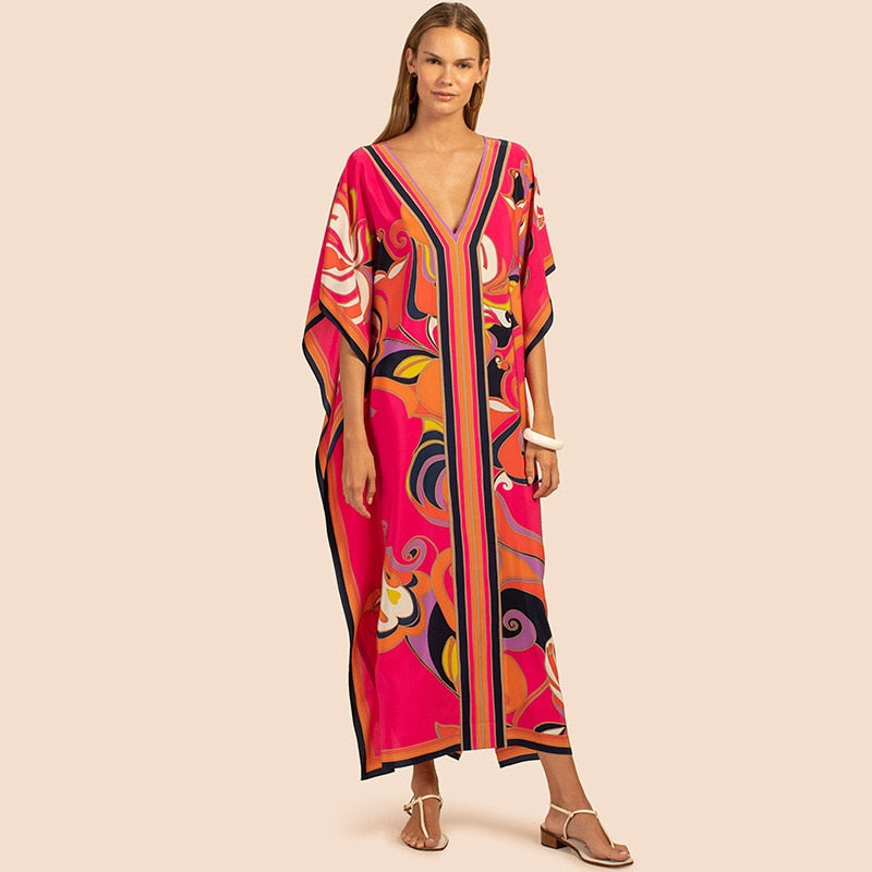 Printed Kaftans for Women Beach Cover Up Seaside Maxi Bohemian Dresses Beachwear Pareo Bathing Suits rose pink flower