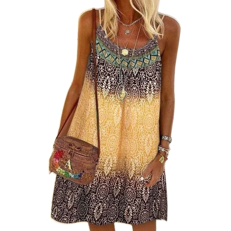 Summer Spaghetti Strap O-Neck A-Line Mini Swing Dress Boho Vintage Colorful Floral Print Loose Beach Cami Sundress