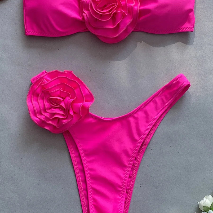 3D Flowers Brazilian Strapless Bandeau Bikini Female Swimsuit Women Swimwear Two-pieces Bikini Set High Cut Bathing Suit Swim B888Rose