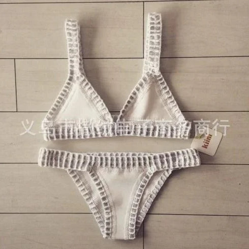 Hand Crocheted Bikini Knitted Splicing SWIMSUIT SET Plus Size Swimwear Women White