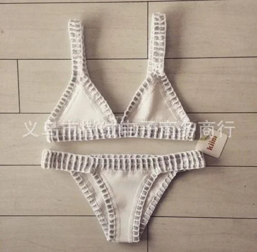 Hand Crocheted Bikini Knitted Splicing SWIMSUIT SET Plus Size Swimwear Women White