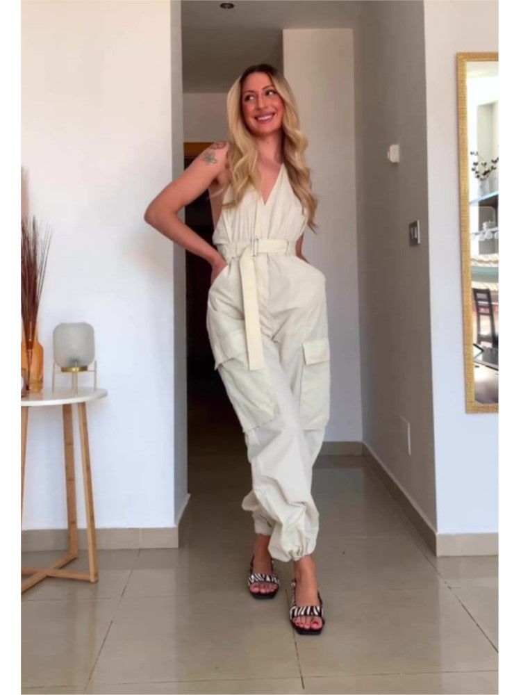 Summer Women Fashion Safari Style Halter Jumpsuit Sexy V-Neck Backless Stretch High Waist Jumpsuits Female Solid Pocket Bodysuit