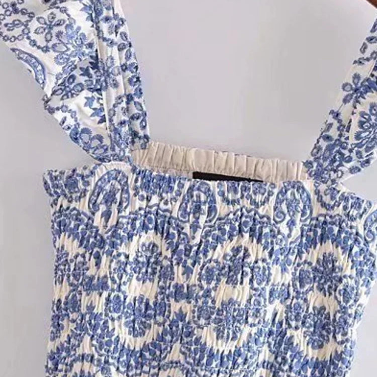 TRAF Women Fashion Cutwork Embroidery Smocked Midi Dress Vintage Backless Ruffled Straps Female Dresses Vestidos Mujer