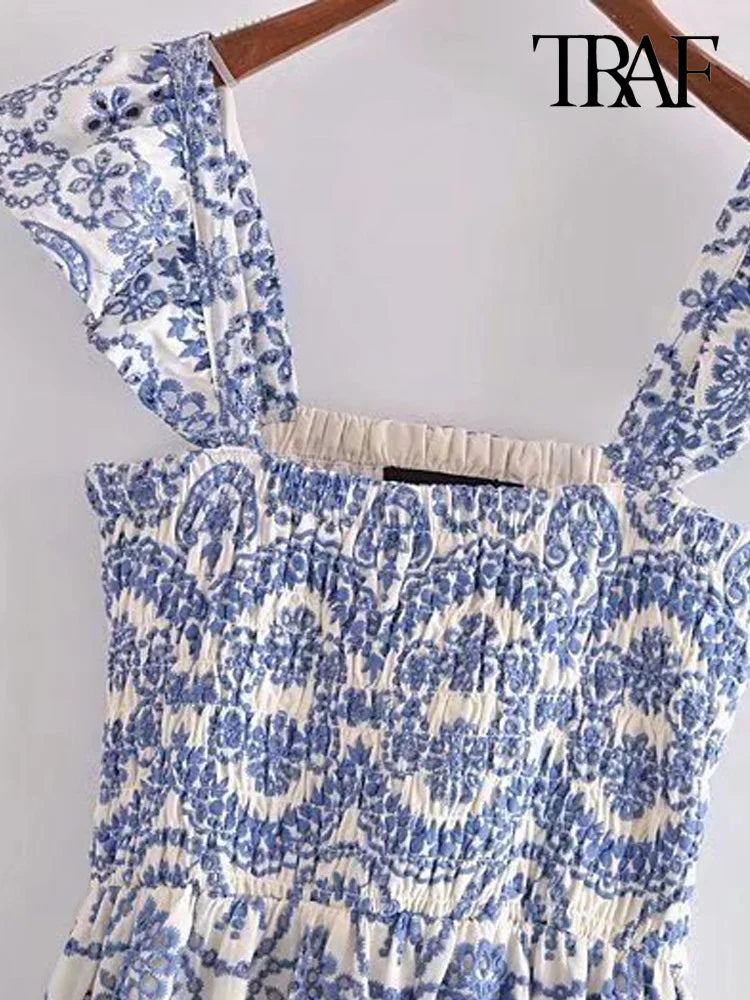 TRAF Women Fashion Cutwork Embroidery Smocked Midi Dress Vintage Backless Ruffled Straps Female Dresses Vestidos Mujer