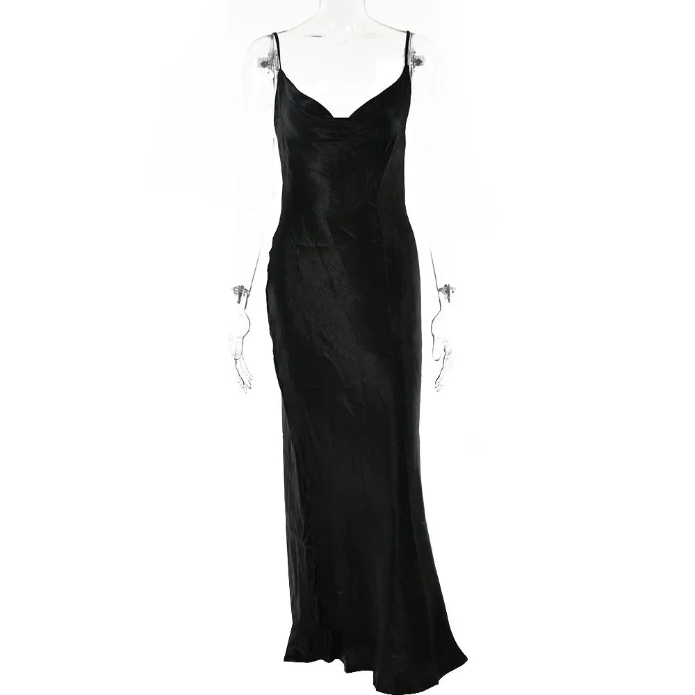Elegant Satin Backless Maxi Dress For Women Gown Summer Spaghetti Strap Sleeveless Night Club Party Long Dress Vestido black