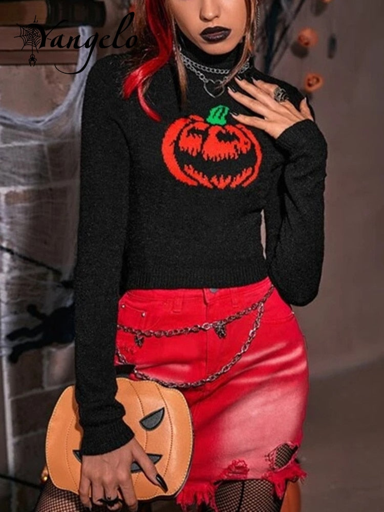 Yangelo Gothic Pumpkin Pattern Knitted Pullover Women Punk High-necked Long-sleeved Fall Winter Warm Sweater Halloween