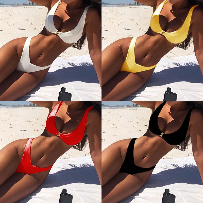 Sexy Solid Gold Lock Buckle Design Bra High Waisted Bikini Set Women'S Split Beach Swimsuit Set