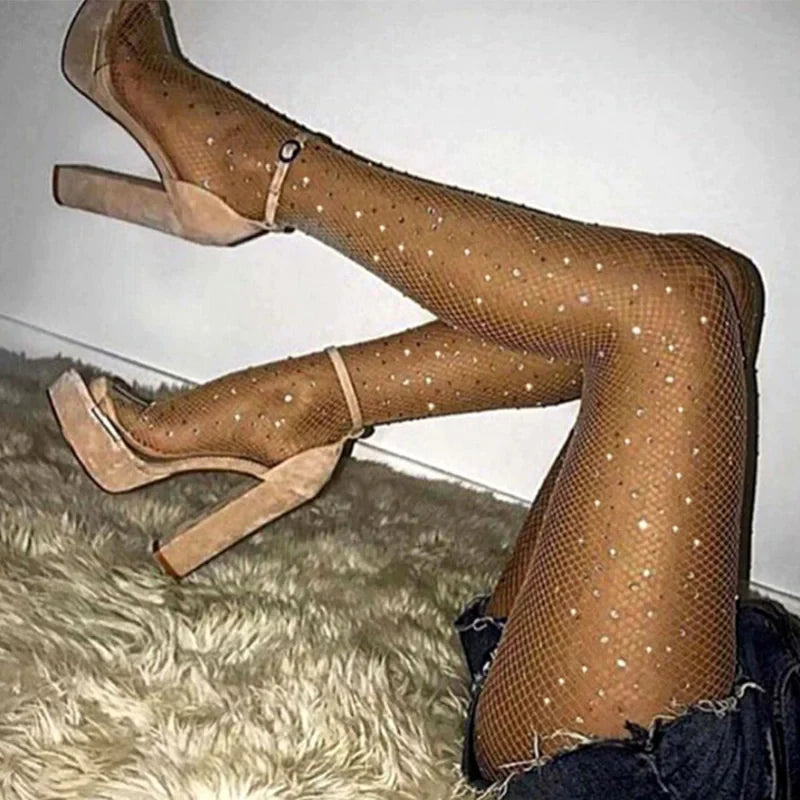 Summer Fishnet Diamond Pantyhose Women Sexy Fashion Shiny Net Tights Female Slim Rhinestone Mesh Nylon Stockings Tights
