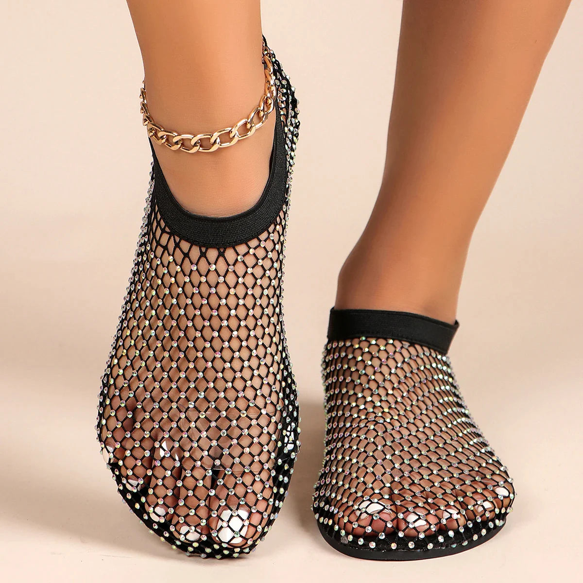 Women's Luxury Brand Round Toe Flat Bottom Sandals Summer Hollow Short Boots Water Diamond Sexy Flat Bottom Shoes for Women