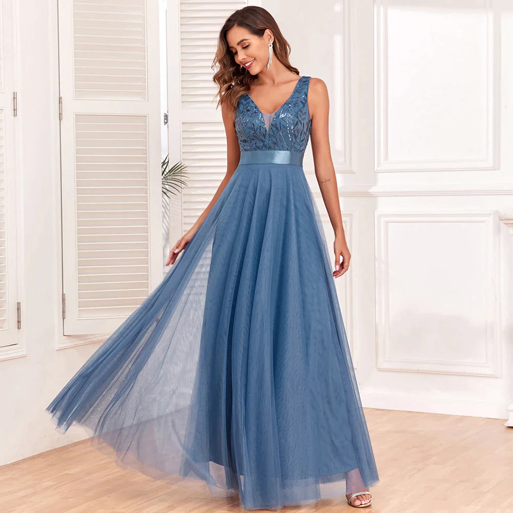 Sleeveless Evening Dresses V-Neck Leaf Tulle Embroidery Long Party Gown Elegant A-Line Formal Dress