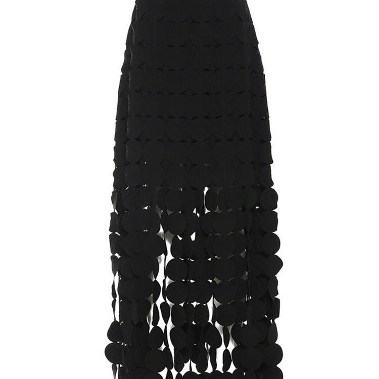 [EAM] Элегантная юбка длиной до середины бедра с высокой талией, черными ажурными кисточками и длинными разрезами, женская модная новинка весна-осень 2023 1DE9035