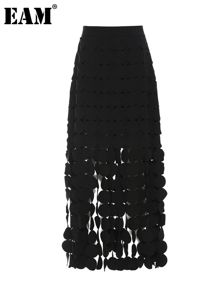 [EAM] High Waist Black Hollow Out Tassels Long Slit Elegant Half-body Skirt Women Fashion Tide New Spring Autumn 2024 1DE9035