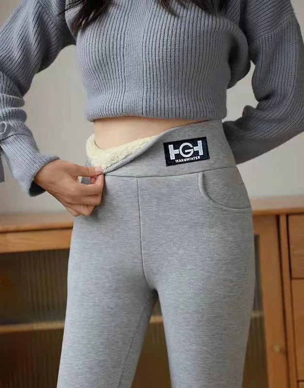 Winter Women Leggings Solid Warm Leggings Thicken Lambwool Hight Waist Fleece Keep Butt Lift High Stretchy Walking Pants Pocket Gray