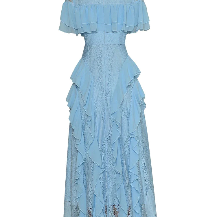 Summer Runway Ruffles Patchwork Lace Dresses for Women Blue Elegant Short Sleeve Party Dress Fashion Holiday Vestidos