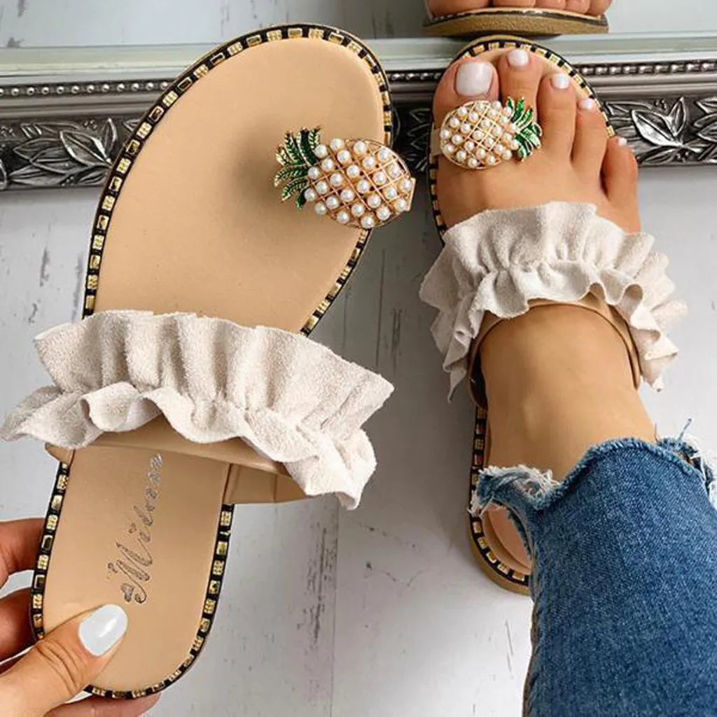 Women Slipper Pineapple Pearl Flat Toe Bohemian Summer Beach Sandals Ladies Shoes plus size Mujer Verano Khaki