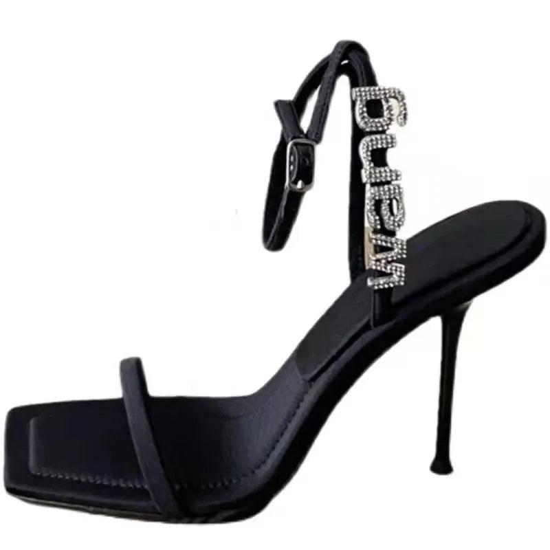 Black high-heeled sandals one-line buckle summer new diamond-lettered square high heels for women slim with sexy everything black